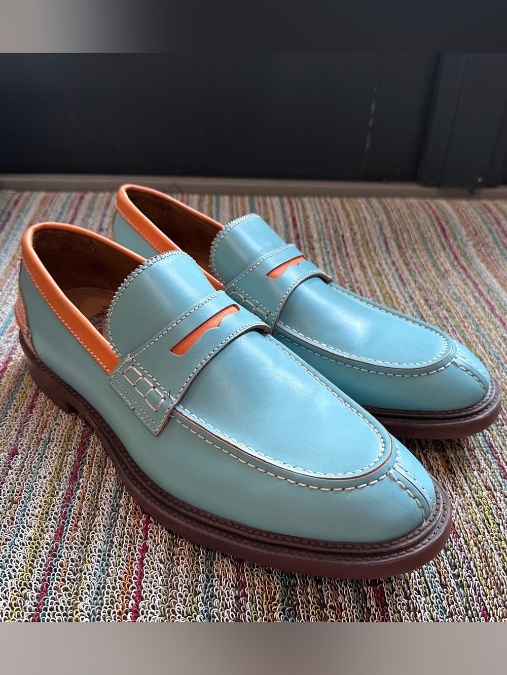 Fluevog LIKE NEW Professionals Buyer blue/orange comfy penny loafer-10 (fit 10.5 - Picture 2 of 16